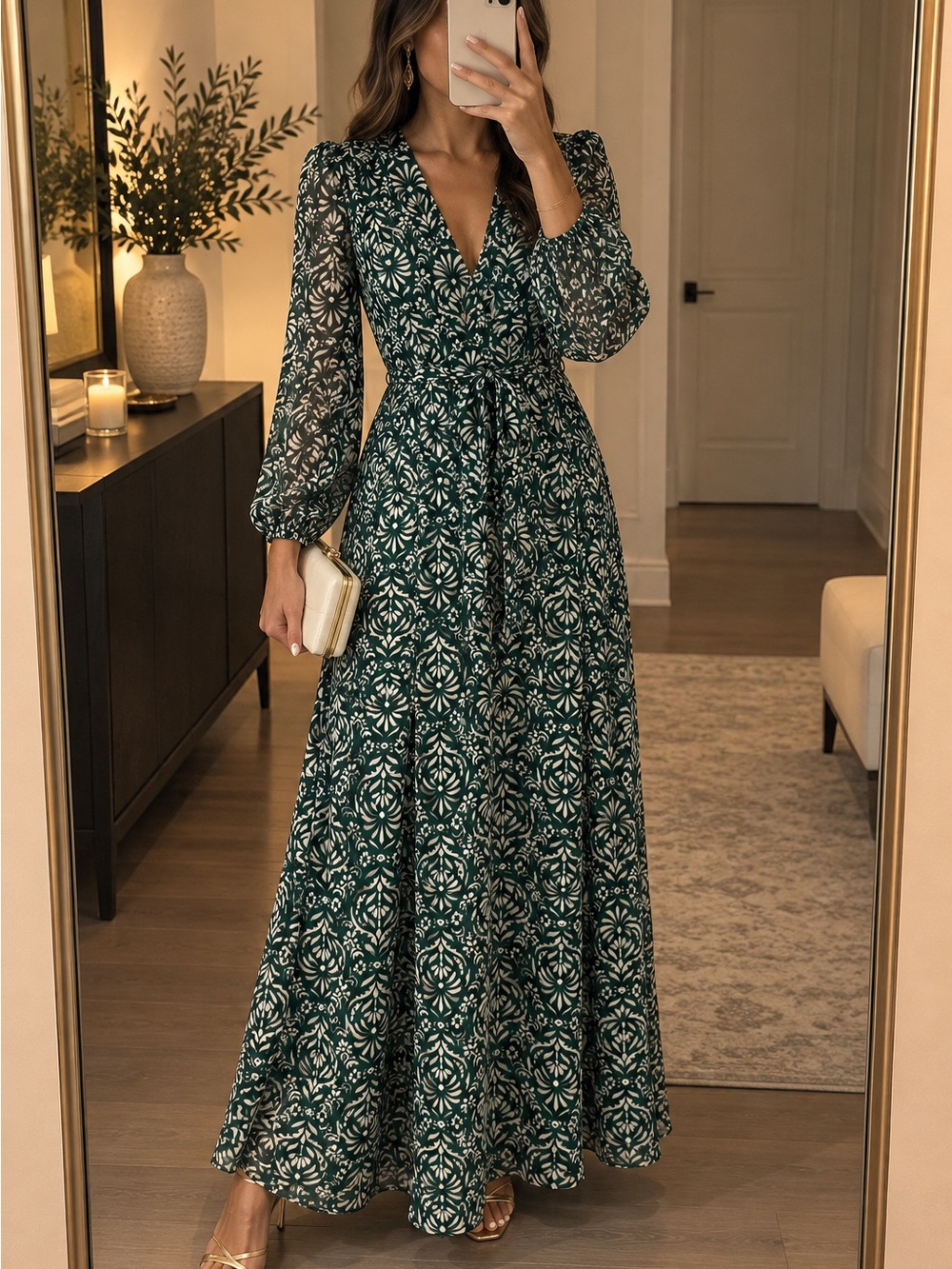 Zara Dark Green Printed Maxi Dress